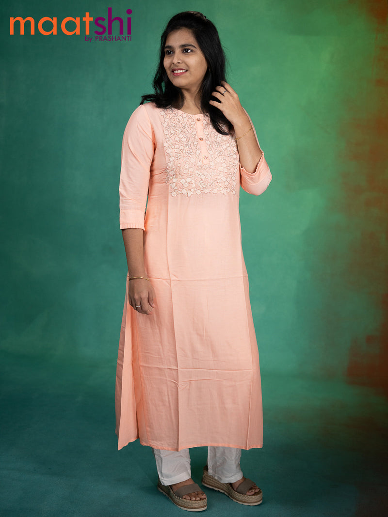 Modal readymade A-line kurti peach orange with beaded work neck pattern without pant