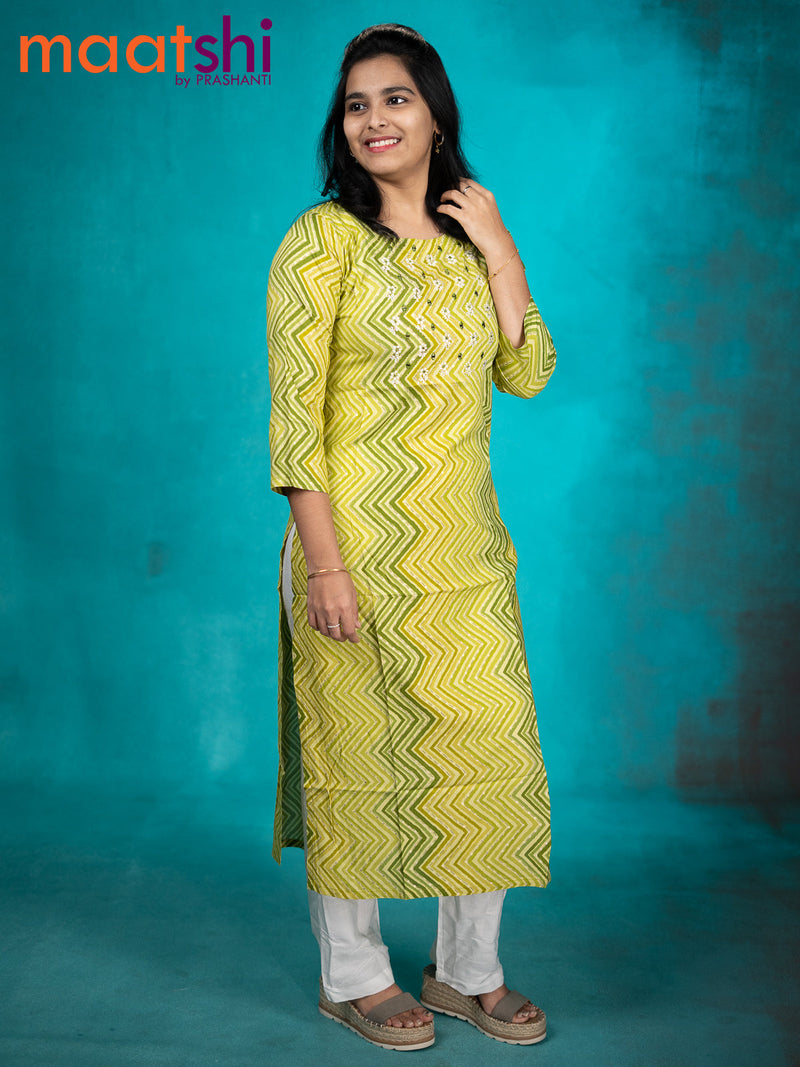 Soft cotton readymade kurti light green with allover zig zag prints & embroidery work neck pattern without pant