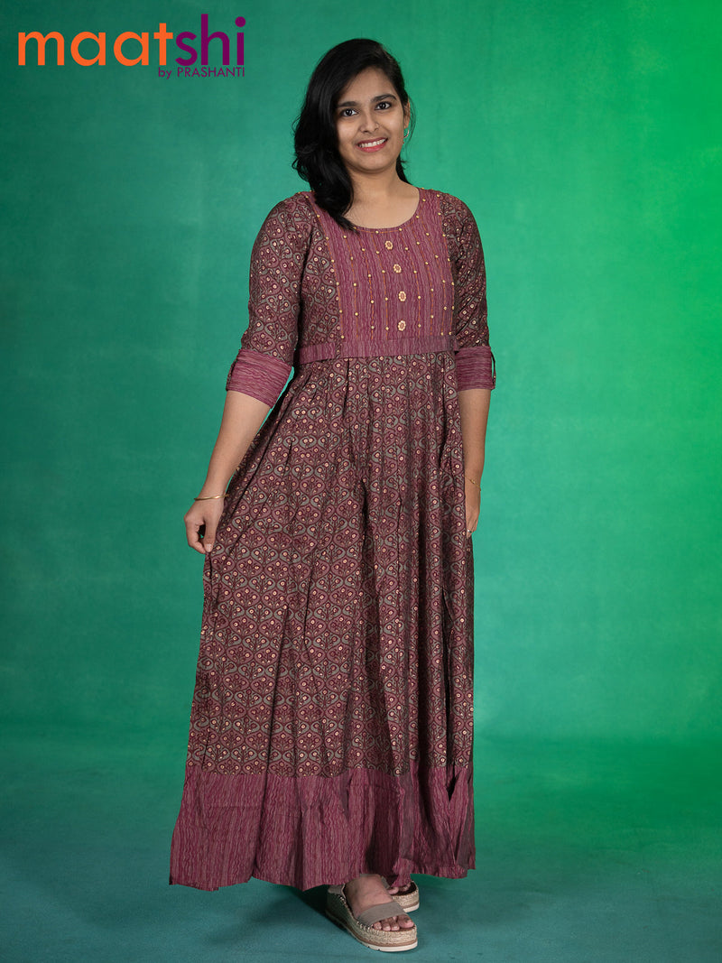Modal readymade floor length kurti maroon and grey shade with allover prints & floral design neck pattern without pant