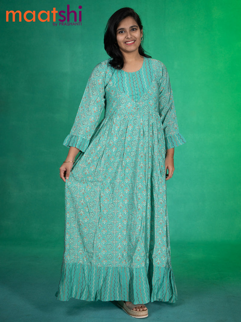 Modal readymade floor length kurti teal blue with allover patola prints & patch work neck pattern without pant