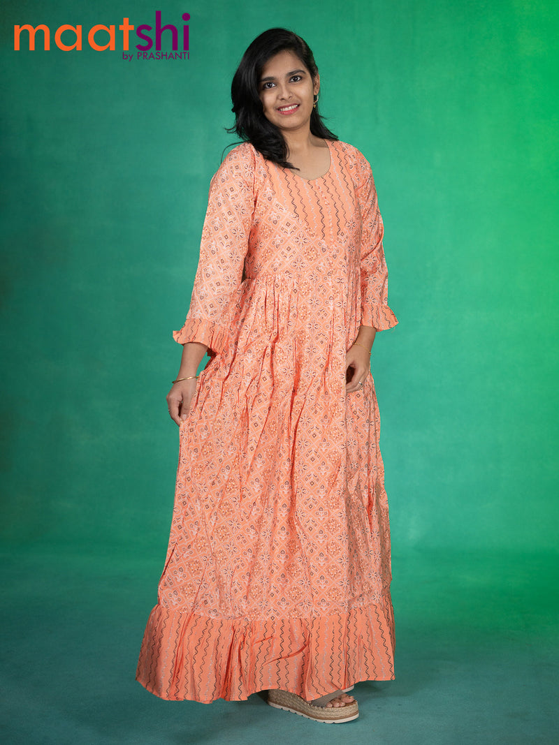Modal readymade floor length kurti peach orange with allover patola prints & patch work neck pattern without pant
