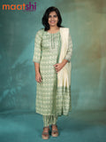 Slub cotton readymade kurti set cream and pastel green with allover prints & embroidery mirror work neck pattern and straight cut pant & printed dupatta