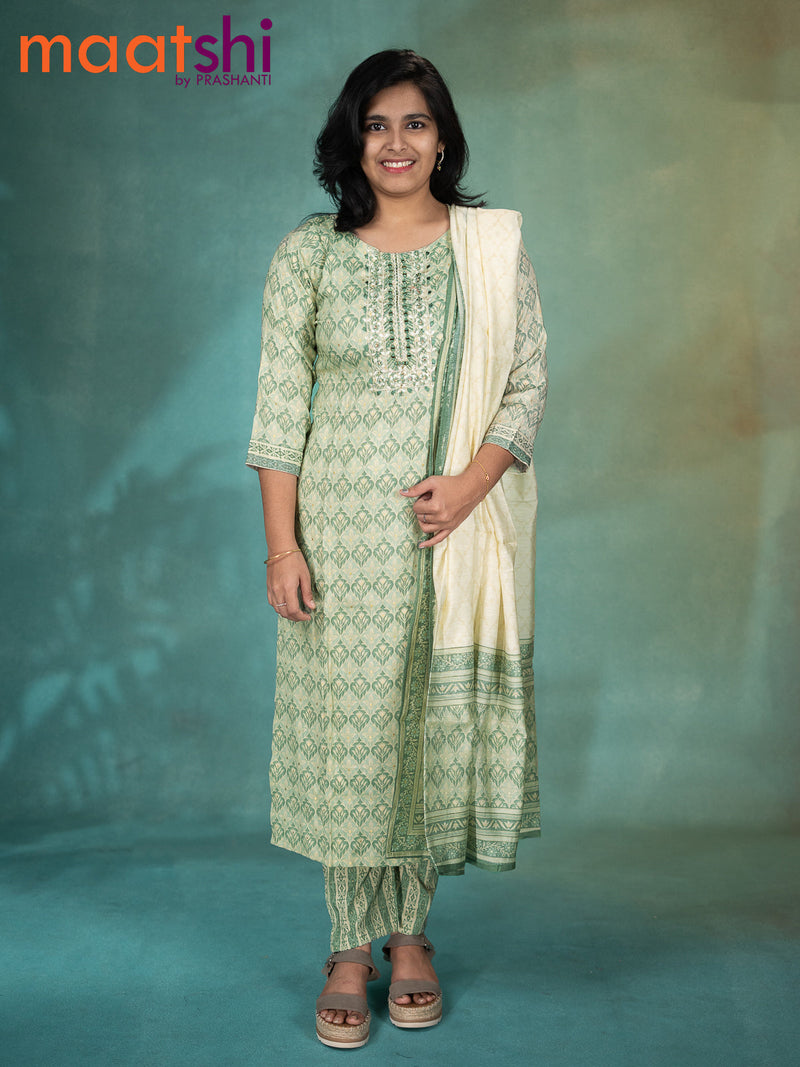 Slub cotton readymade kurti set cream and pastel green with allover prints & embroidery mirror work neck pattern and straight cut pant & printed dupatta