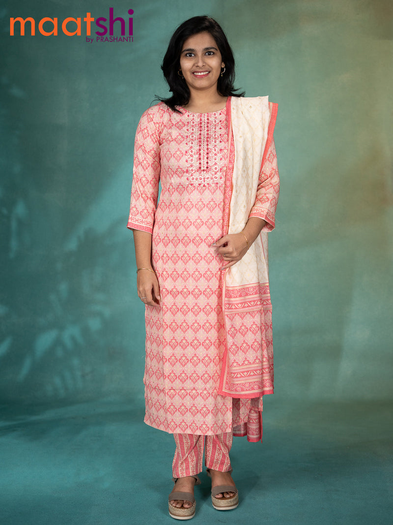 Slub cotton readymade kurti set cream and pink shade with allover prints & embroidery mirror work neck pattern and straight cut pant & printed dupatta
