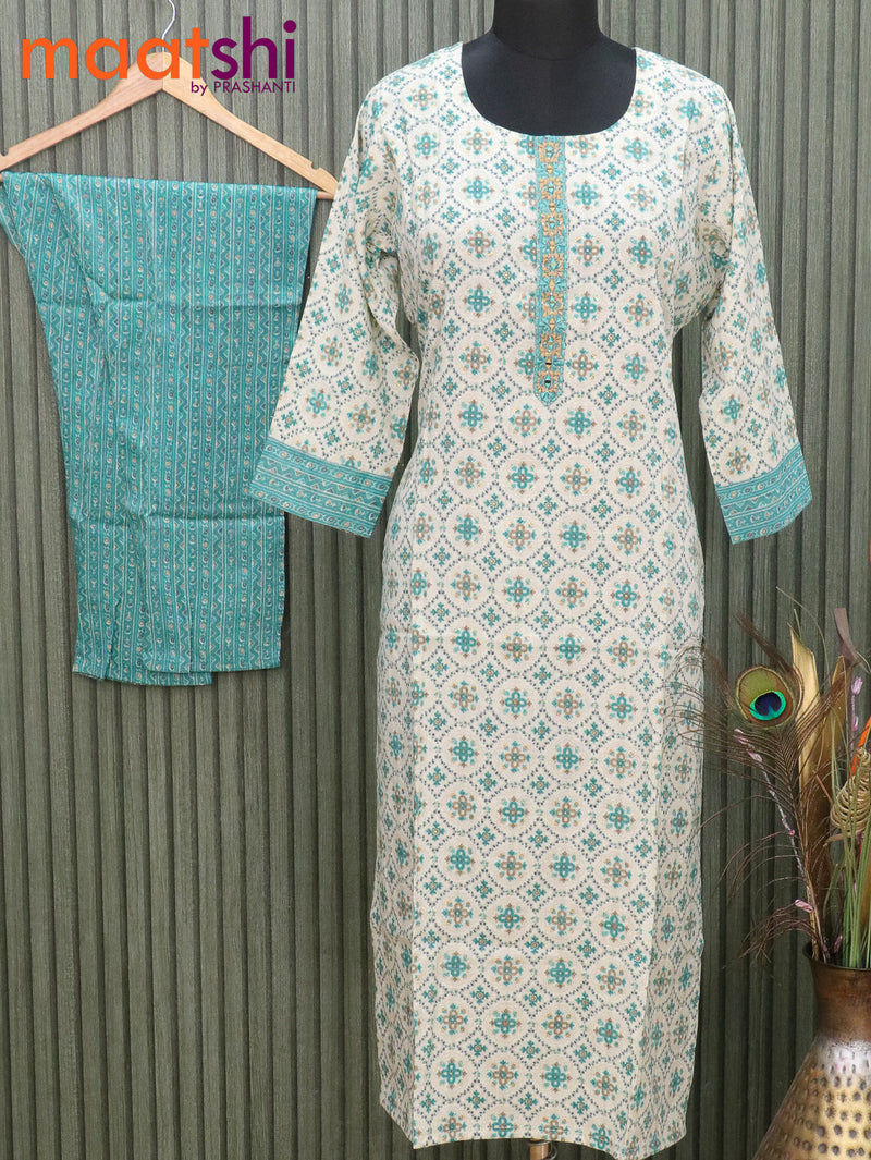 Satin cotton readymade kurti cream and teal blue with allover prints & embroidery patch work neck pattern and straight cut pant