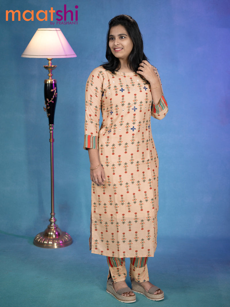 Modal readymade kurti pastel brown with allover floral prints & mirror work neck pattern and straight cut pant