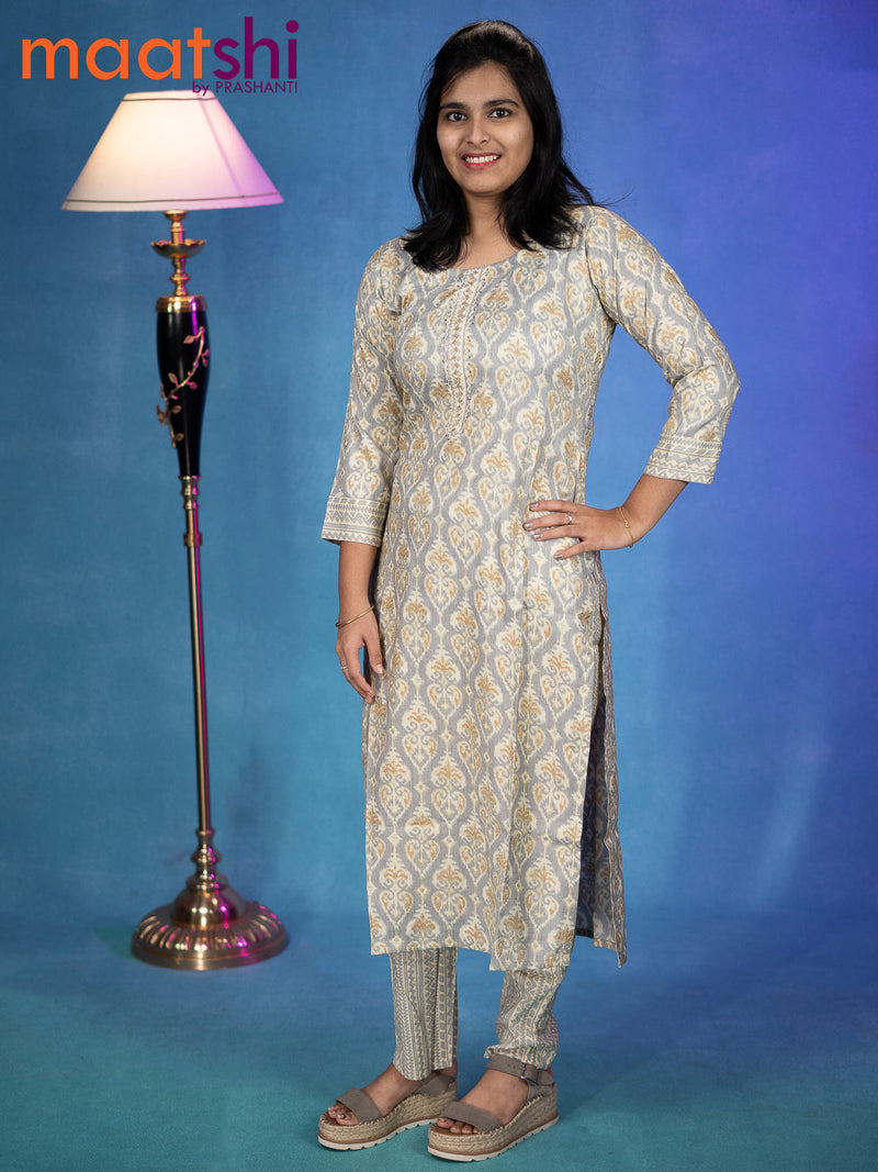 Satin cotton readymade kurti grey and cream with allover ikat prints & beaded embroidery neck pattern and straight cut pant