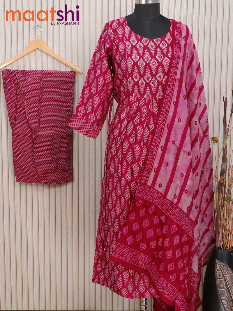 Muslin readymade naira cut kurti set pink with allover prints & mirror embroidery work neck pattern and straight cut pant & dupatta