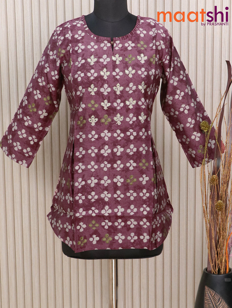 Muslin readymade short kurti pastel maroon with allover prints & mirror embroidery work neck pattern without pant