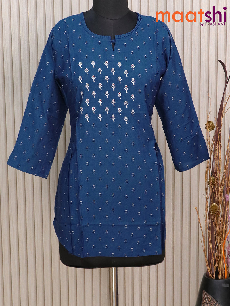 Muslin readymade short kurti indigo blue with allover floral prints & embroidery work neck pattern without pant