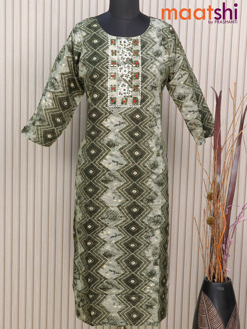 Soft cotton readymade kurti greyish green with tie & dye prints embroidery work neck patternand without pant