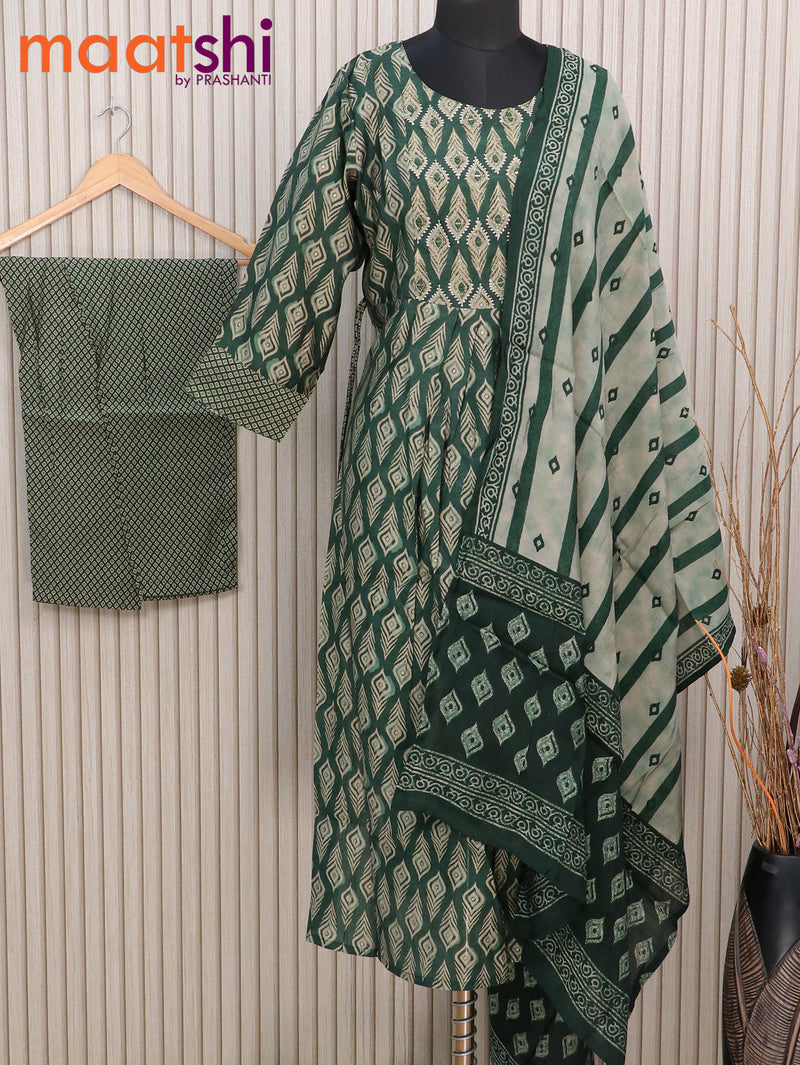 Muslin readymade naira cut kurti set green with allover prints & mirror work neck pattern and straight cut pant & dupatta