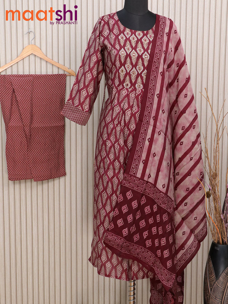 Muslin readymade naira cut kurti set maroon with allover prints & mirror work neck pattern and straight cut pant & dupatta