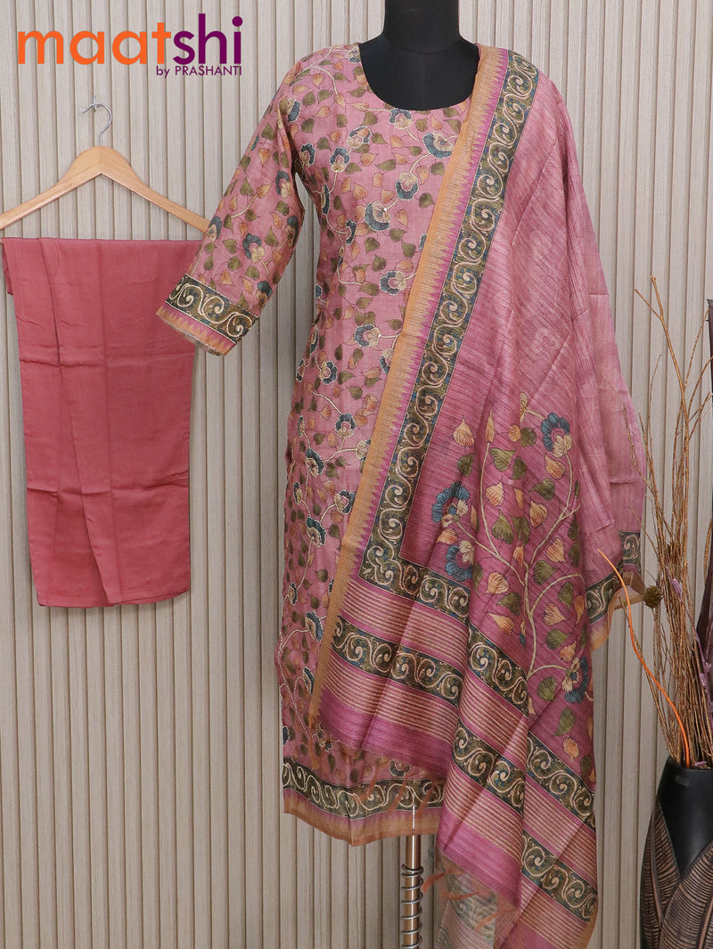 Chanderi readymade kurti set mauve pink with allover kalamkari prints & kantha stitch work and straight cut pant & dupatta