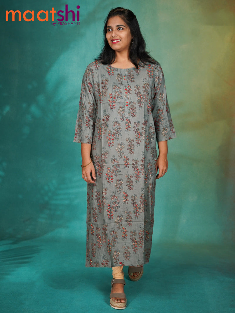 Soft cotton readymade kurti grey with allover floral prints & embroidery neck pattern without pant