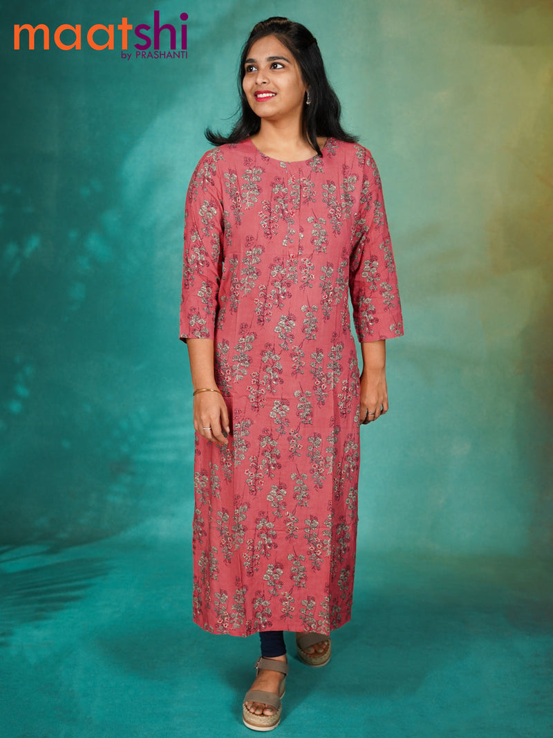 Soft cotton readymade kurti pink shade with allover floral prints & embroidery neck pattern without pant