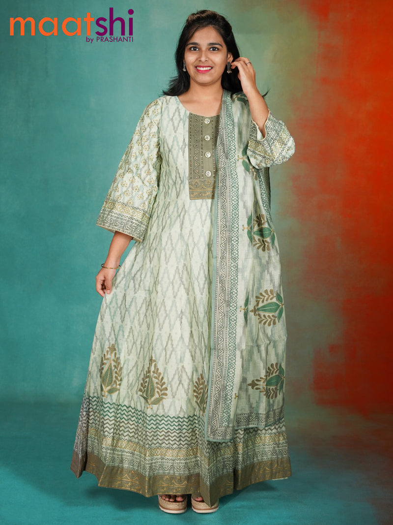 Chanderi readymade anarkali kurti set pastel green shade with allover ikat weaves & stone work neck patten and straight cut pant & dupatta