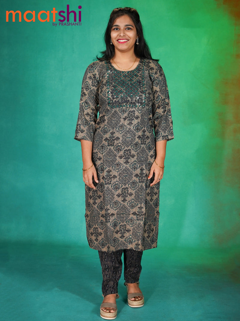 Rayon readymade kurti grey shade and navy blue with allover prints & sequin work neck pattern and straight cut pant