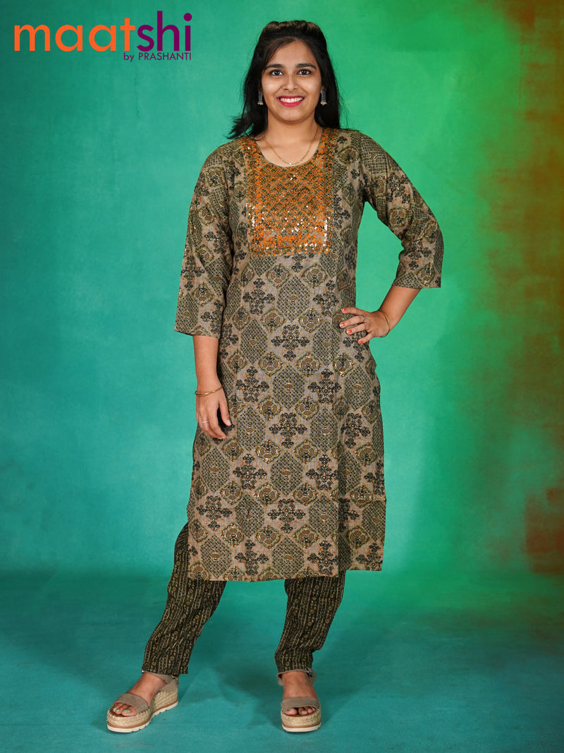 Rayon readymade kurti beige shade and sap green with allover prints & sequin work neck pattern and straight cut pant