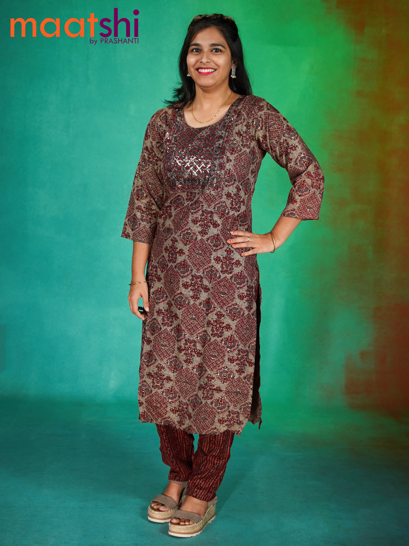 Rayon readymade kurti beige shade and maroon with allover prints & sequin work neck pattern and straight cut pant