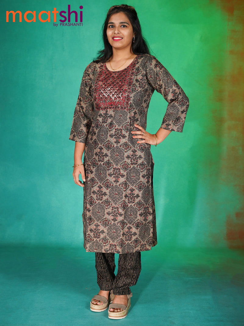 Rayon readymade kurti grey shade and black with allover prints & sequin work neck pattern and straight cut pant