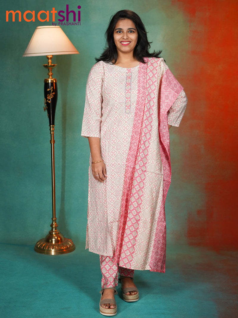 Chanderi readymade kurti set off white and pink shade with allover bandhani prints & simple neck pattern and straight cut pant & dupatta