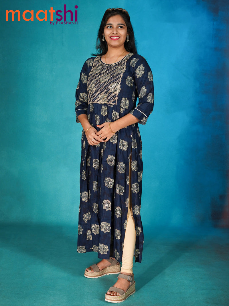 Soft cotton readymade naira cut kurti blue with allover prints & embroidery work neck pattern without pant