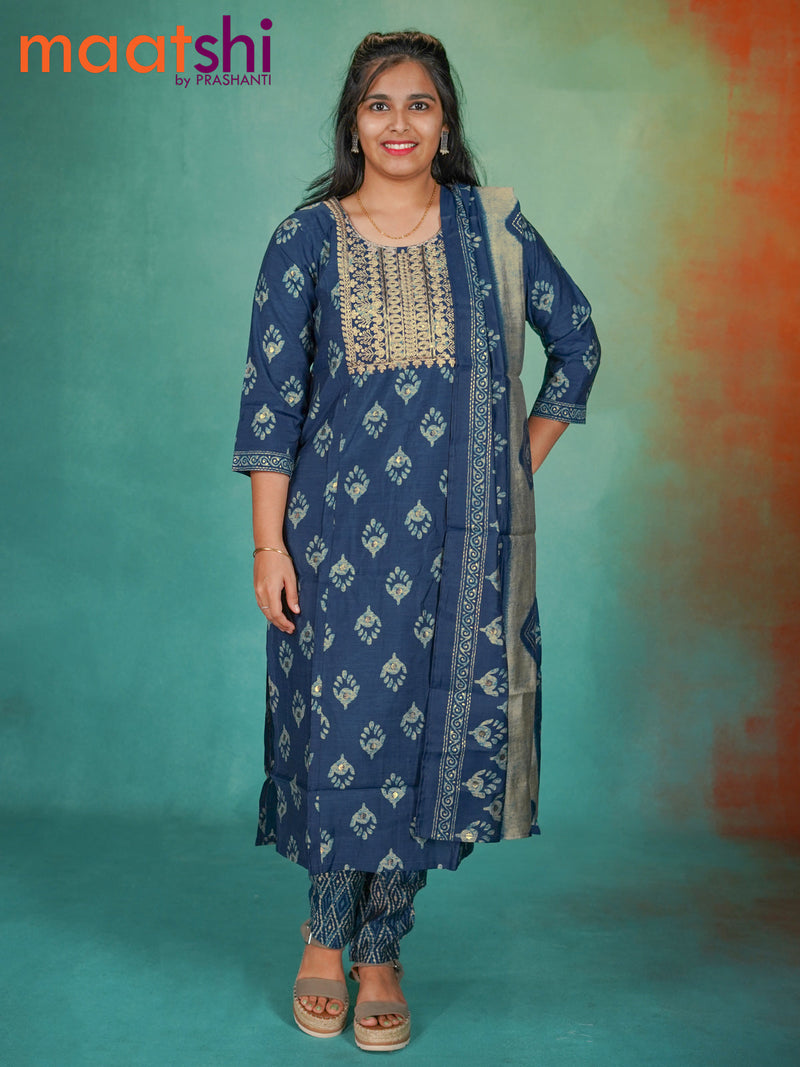 Modal readymade kurti set indigo blue with allover prints & embroidery work neck pattern and straight cut pant & dupatta