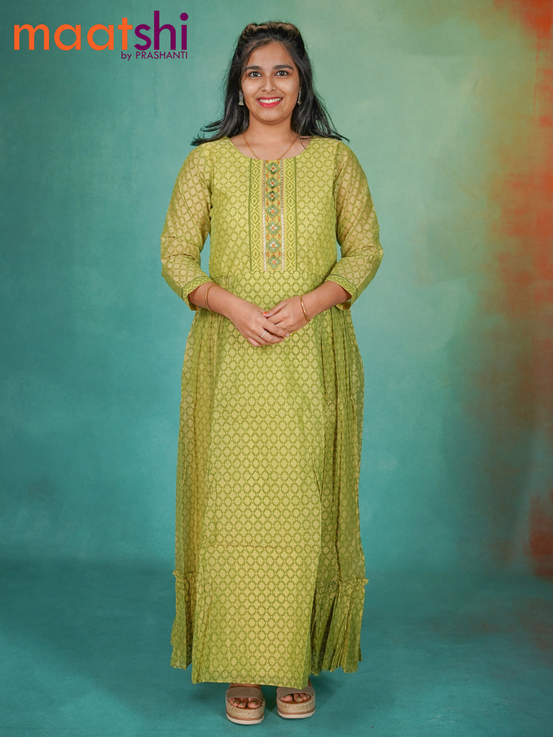 Chanderi readymade floor length kurti lime green with allover geometric prints & embroidery patch work neck pattern without pant