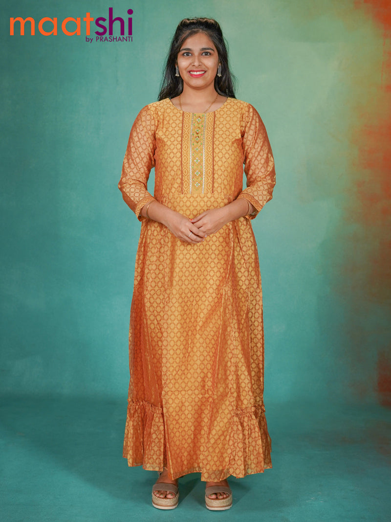 Chanderi readymade floor length kurti mustard shade with allover geometric prints & embroidery patch work neck pattern without pant