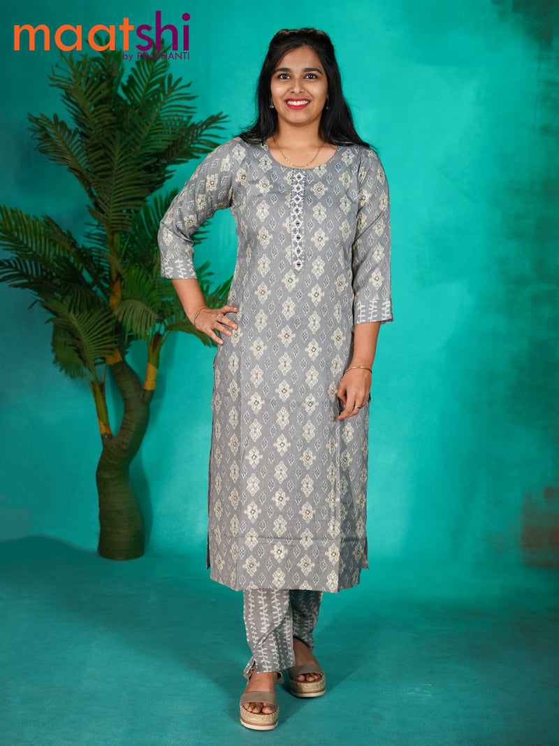 Cotton readymade kurti grey with allover ikat prints & embroidery work neck pattern and straight cut pant