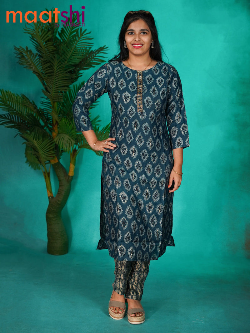 Muslin readymade kurti peacock blue with allover prints & beaded work neck pattern and straight cut pant