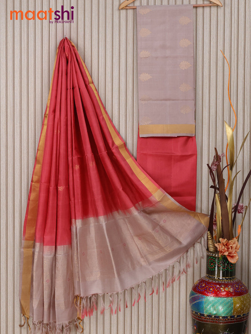 Pure silk dress material grey and tomato pink with zari woven buttas and bottom & zari dupatta