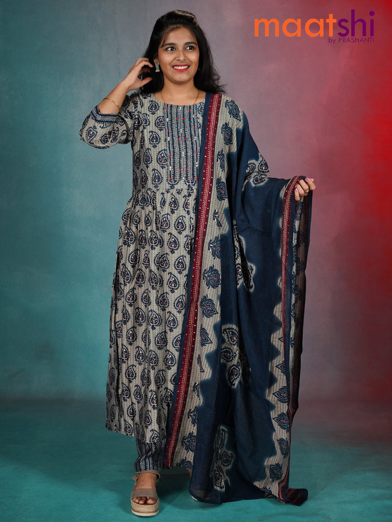 Modal readymade naira cut kurti set beige and indigo blue with allover paisley prints & embroidery mirror work neck pattern and straight cut pant & dupatta