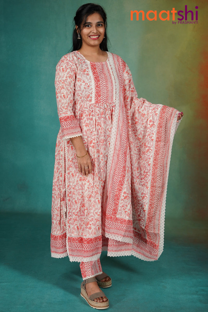 Cotton readymade naira cut kurti set off white and peach shade with allover floral prints & crocia lace work neck pattern and straight cut pant & cotton dupatta