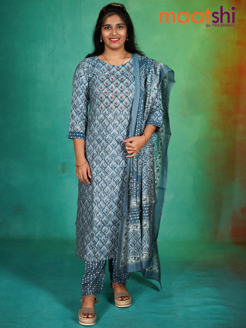 Modal readymade kurti set pastel blue and blue with allover prints & mirror embroidery work neck pattern and straight cut pant & dupatta