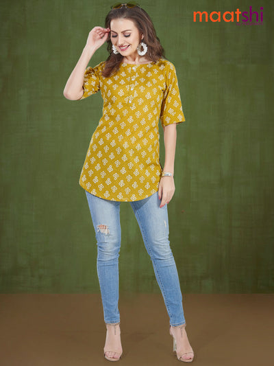 Cotton readymade short kurti lime yellow with allover prints & simple neck pattern without pant