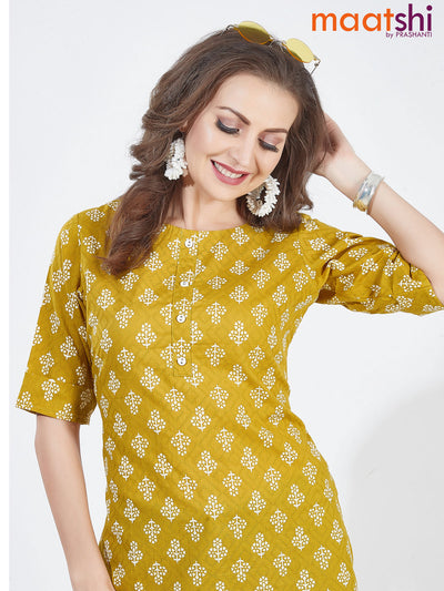 Cotton readymade short kurti lime yellow with allover prints & simple neck pattern without pant
