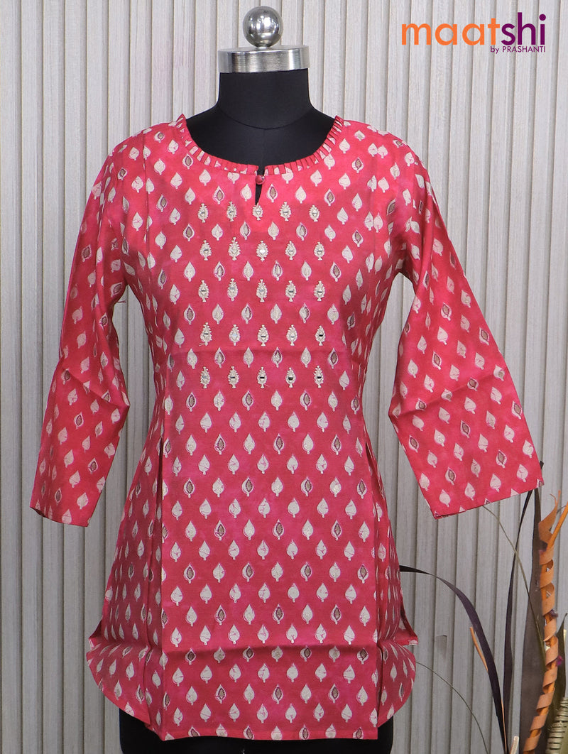 Muslin readymade short kurti pink with allover prints & embroidery work neck pattern without pant