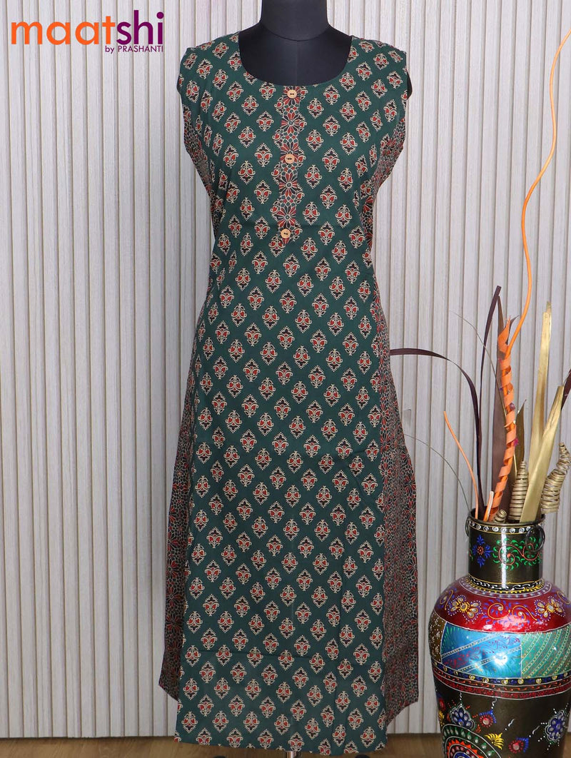 Cotton readymade A-line kurti bottle green with allover butta prints & simple neck pattern without pant - sleeve attached