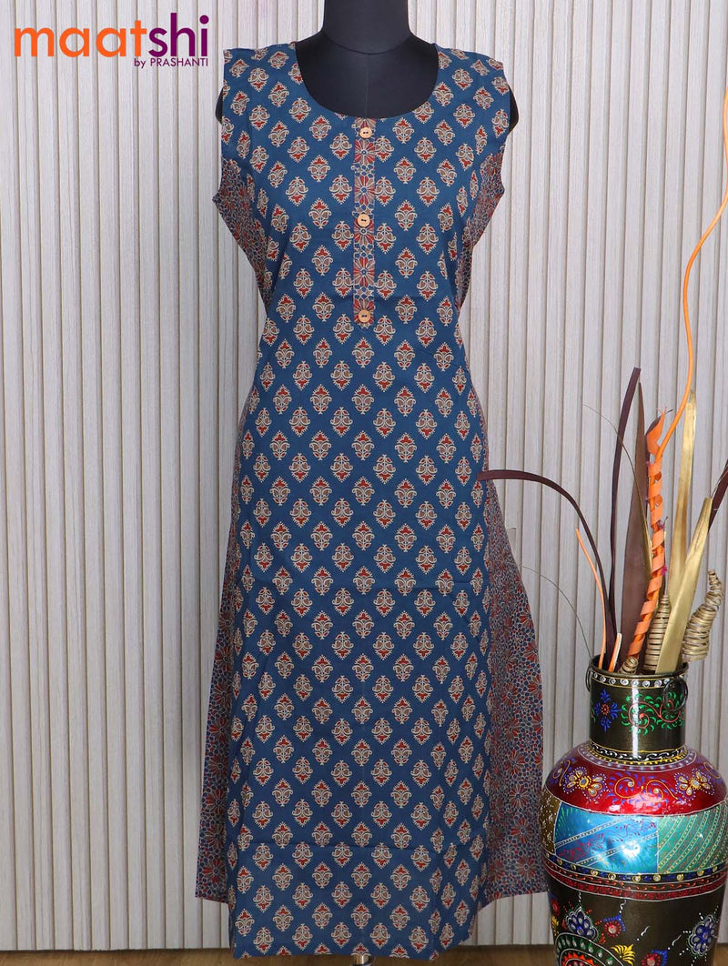 Cotton readymade A-line kurti dark blue with allover butta prints & simple neck pattern without pant - sleeve attached