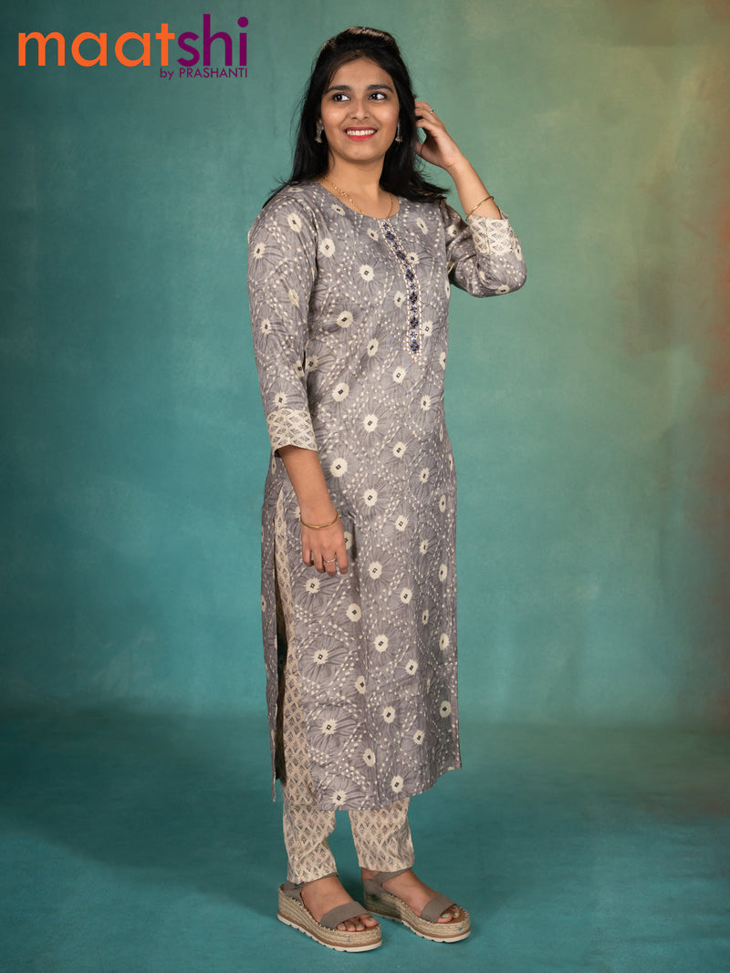Rayon readymade kurti grey and cream with allover prints & embroidery work neck pattern and straight cut pant