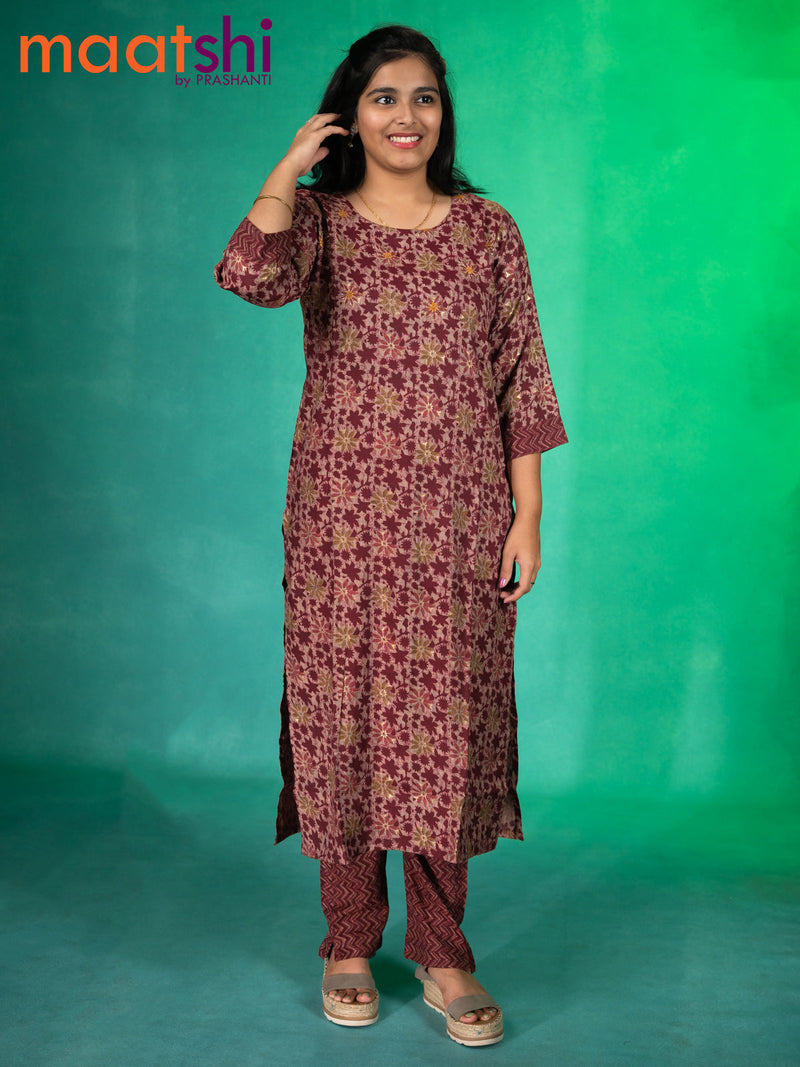 Rayon readymade kurti maroon with allover floral prints & embroidery work neck pattern and straight cut pant