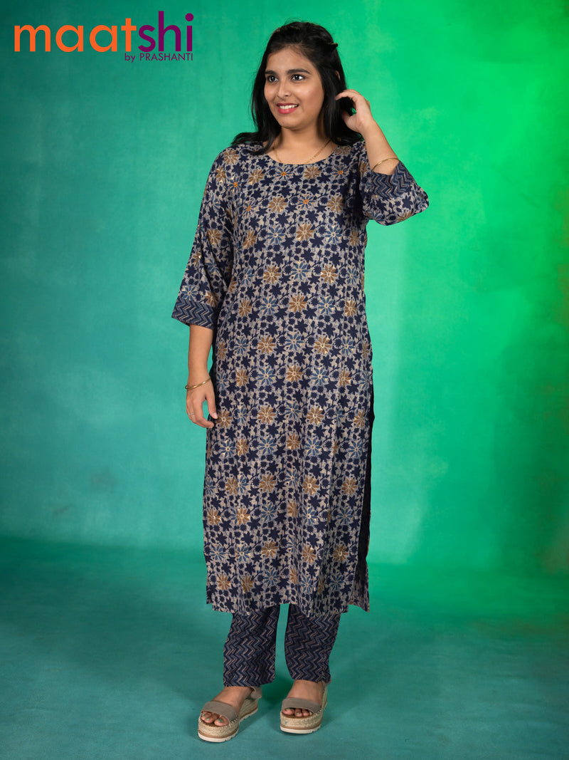 Rayon readymade kurti blue and beige with allover floral prints & embroidery work neck pattern and straight cut pant