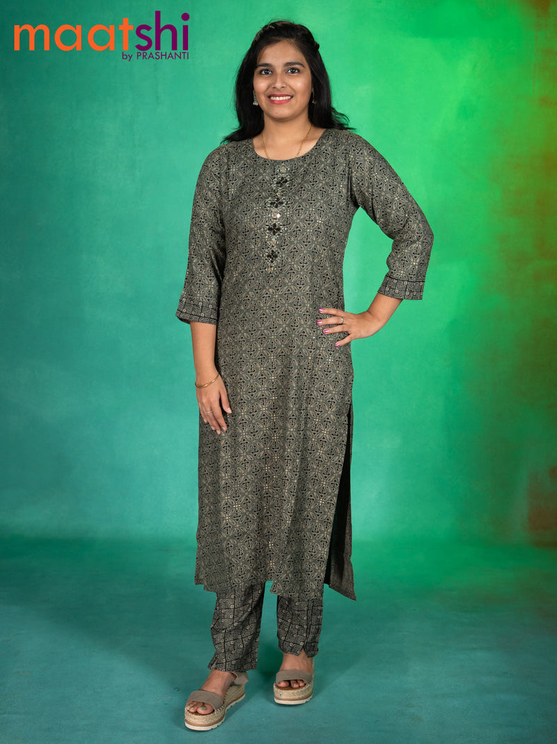 Rayon readymade kurti grey shade with allover prints & mirror work neck pattern and straight cut pant