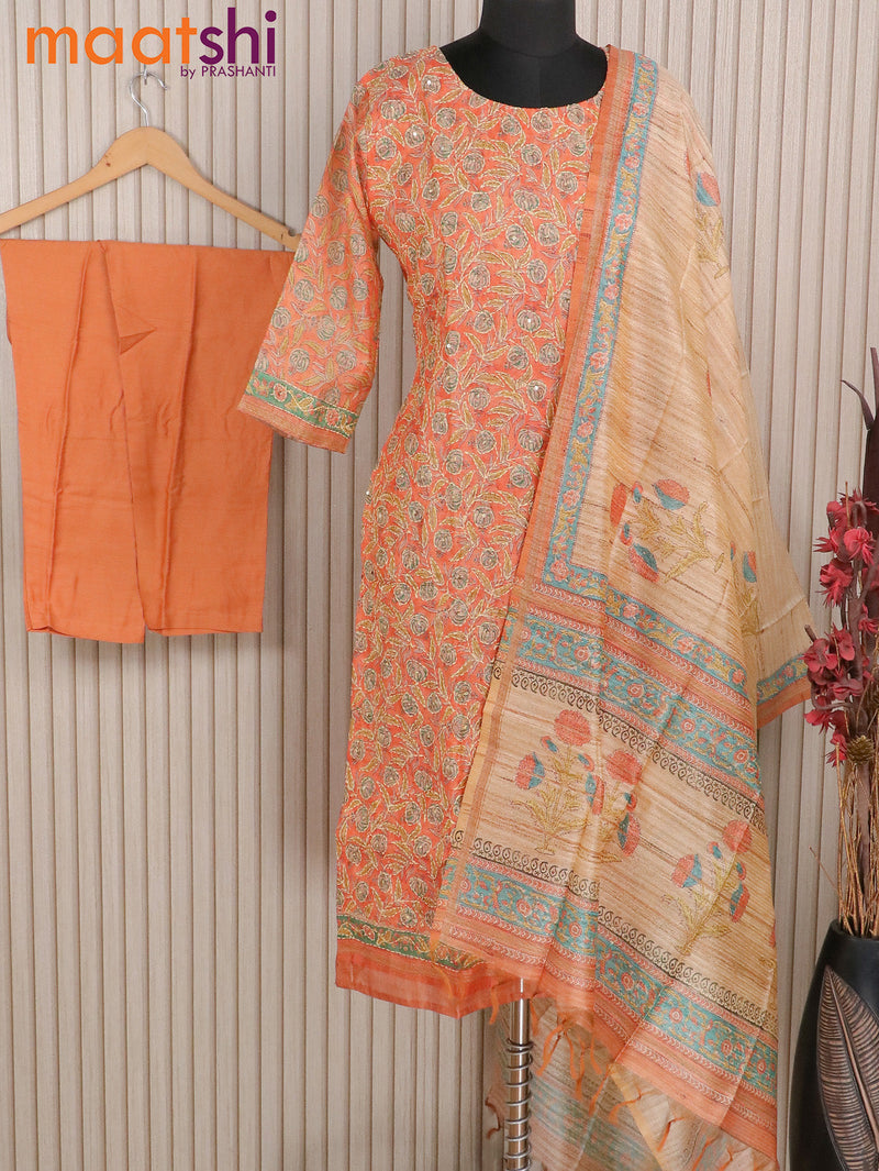 Chanderi readymade kurti set orange with allover prints & kantha stitch work and straight cut pant & dupatta