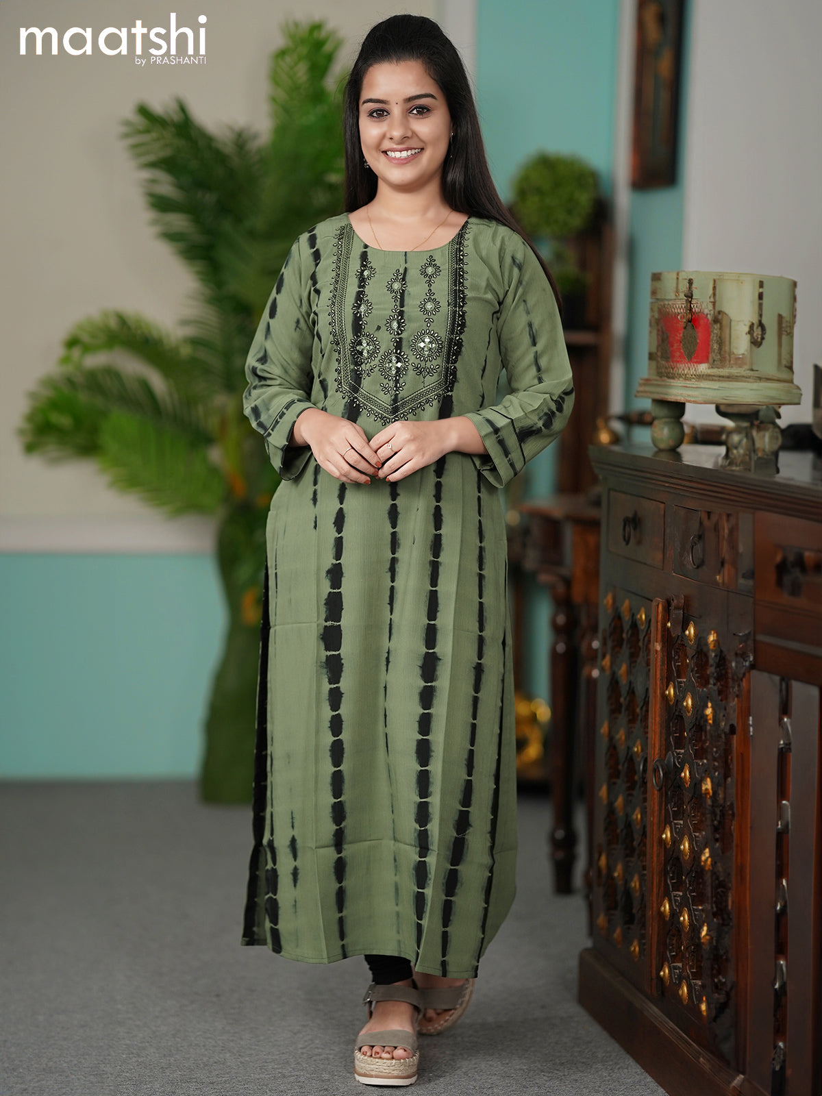 Chiffon kurti green shade with tie & dye prints embroidery mirror work neck pattern without pant