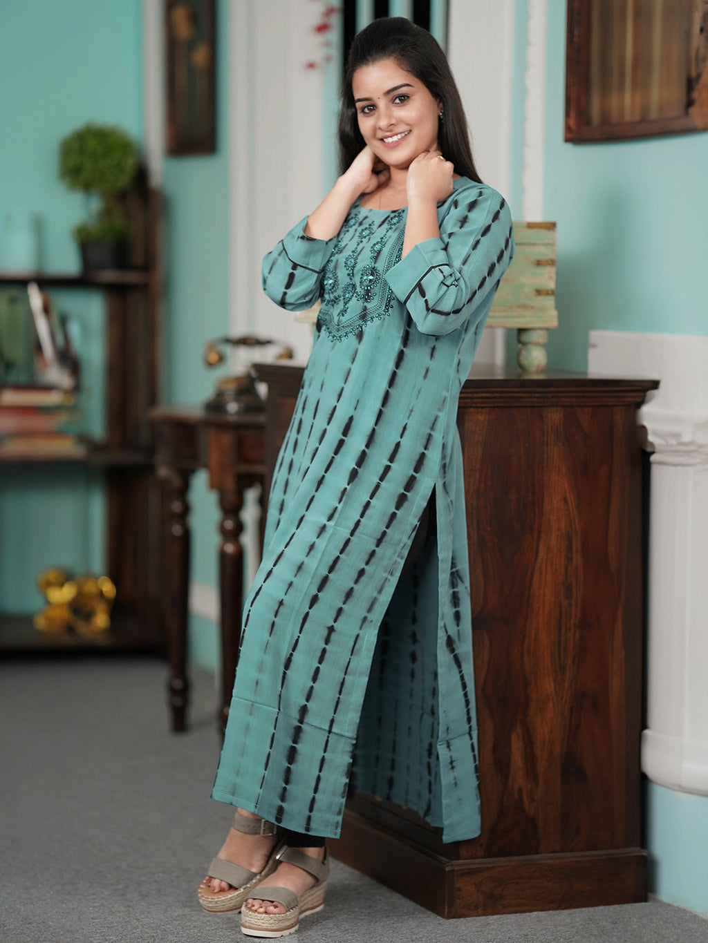 Chiffon kurti blue shade with tie & dye prints embroidery mirror work neck pattern without pant