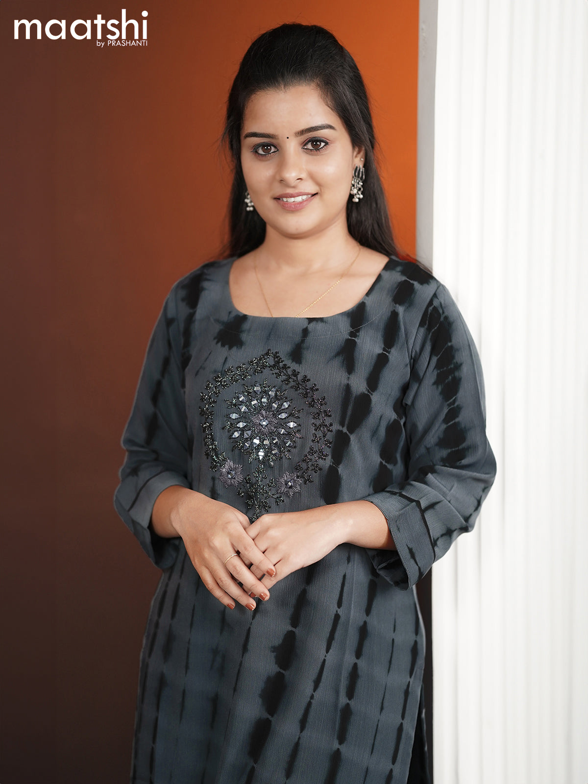 Chiffon kurti grey and  with tie & dye prints embroidery mirror work neck pattern without pant
