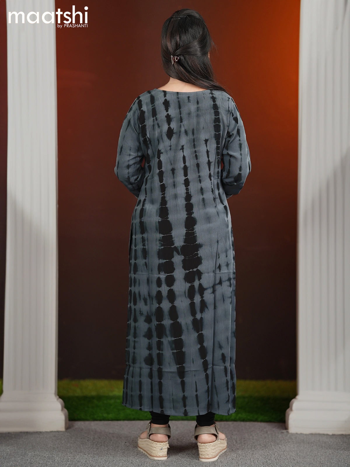 Chiffon kurti grey and  with tie & dye prints embroidery mirror work neck pattern without pant